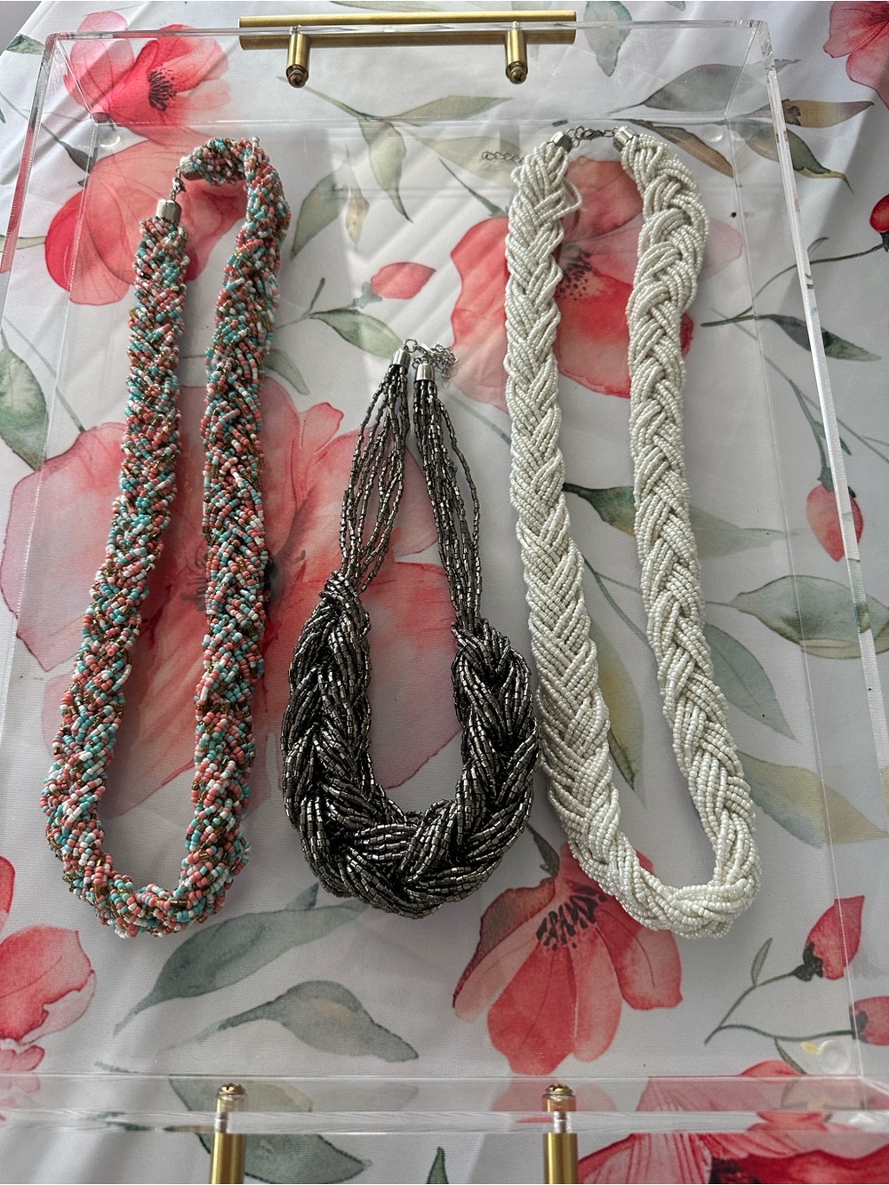 Beaded Twist Necklace - Coral Mint, Gunmetal, and Pearl White